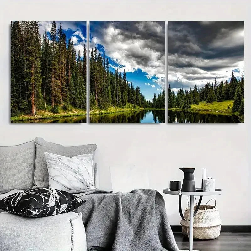3pcs Tranquil Forest Reflection Serene River Metal Print Ready to Hang Art