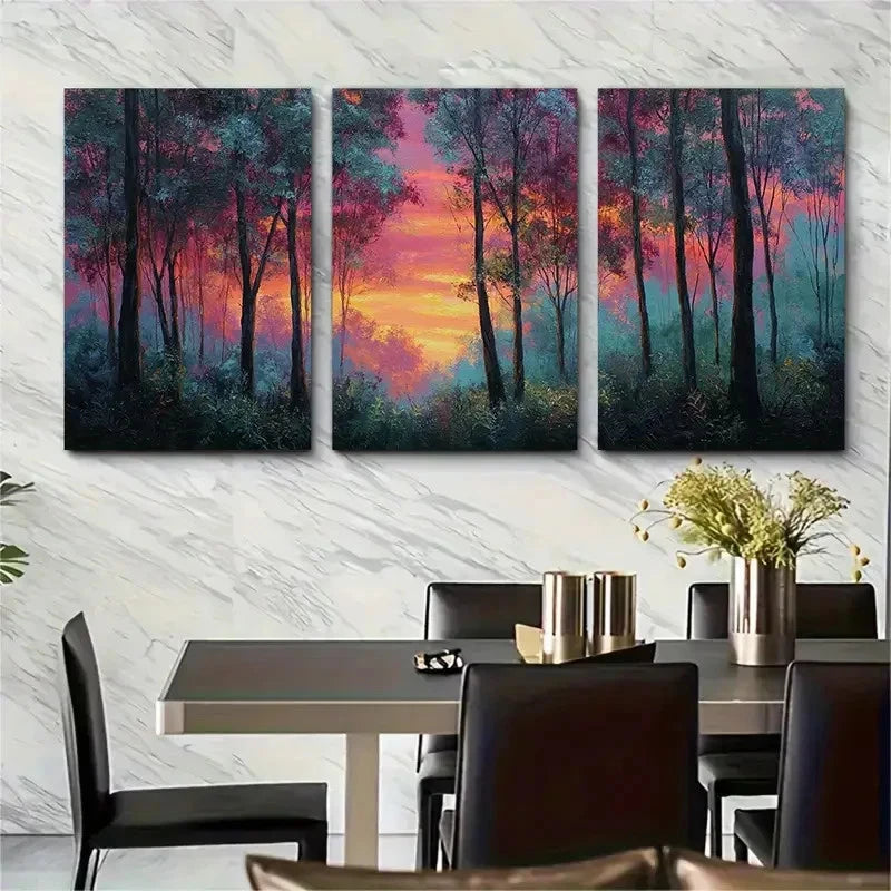 3pcs Forest Sunset High Tree Forest Perfect Wall Art Set Canvas Framed 40x60cm - High Quality Print 100% Australian Made Wall Canvas Ready to Hang