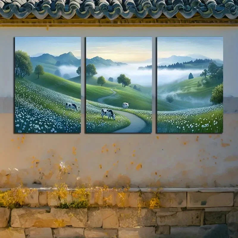 3pcs Scenic Grassland with White Flowers Metal Print Ready to Hang Art