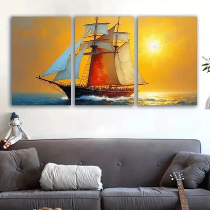 3pcs Nautical Sailboat at Sunset Ocean Scene Metal Print Ready to Hang Art