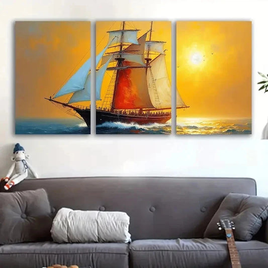 3pcs Nautical Sailboat at Sunset Ocean Scene Metal Print Ready to Hang Art