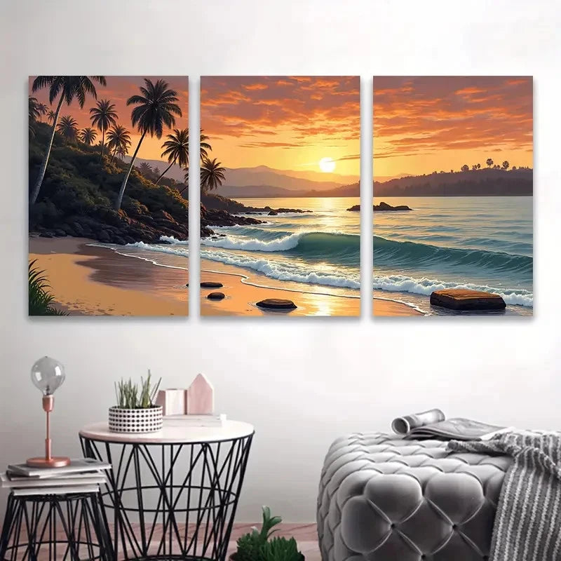 3pcs Vibrant Tropical Palm Trees & Ocean Waves Metal Print Ready to Hang Art
