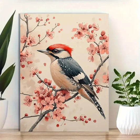Beautiful Woodpecker & Blooming Floral Painting 40x60cm Metal Print Ready to Hang
