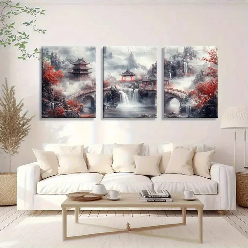 3pcs Traditional Chinese Landscape Painting Metal Print Ready to Hang Art