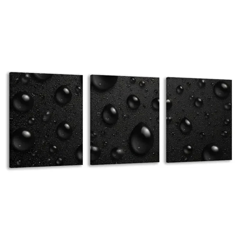 3pcs Black Water Droplets On A Dark Surface   Wall Art Set Canvas Framed 60x90cm - High Quality Print 100% Australian Made Wall Canvas Ready to Hang