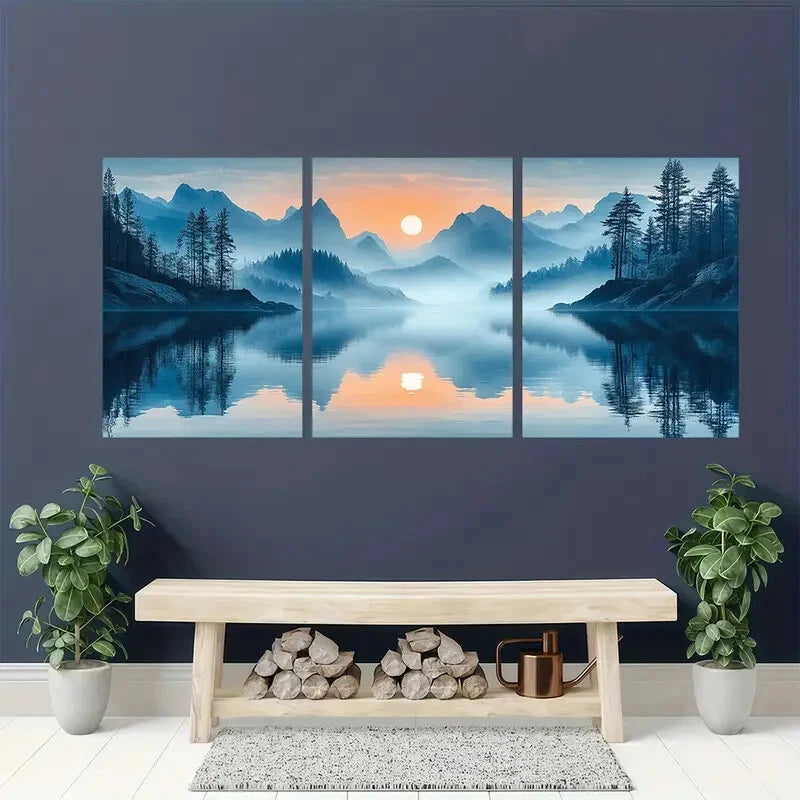 3pcs Serene Landscape with Snow-Capped Peaks Metal Print Ready to Hang Art