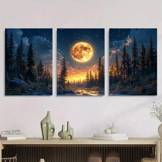 3pcs Nighttime Scene with Full Moon Metal Print Ready to Hang Art