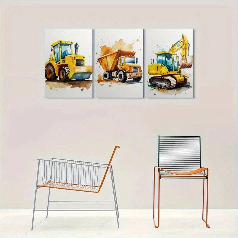 3pcs Construction Vehicles Watercolor Metal Print Ready to Hang Art