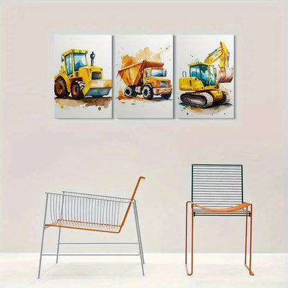 3pcs Construction Vehicles Watercolor Metal Print Ready to Hang Art