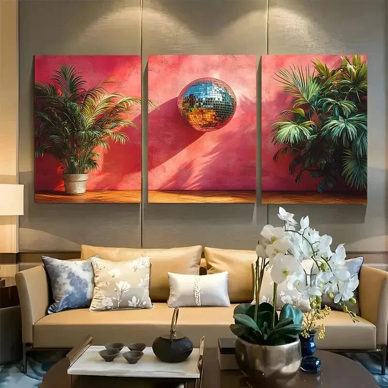 3pcs Disco Ball with Lush Greenery Design Metal Print Ready to Hang Art