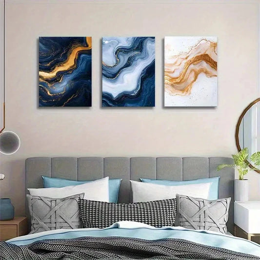 3pcs Abstract Golden and Blue Marble Paintings Metal Print Ready to Hang Art