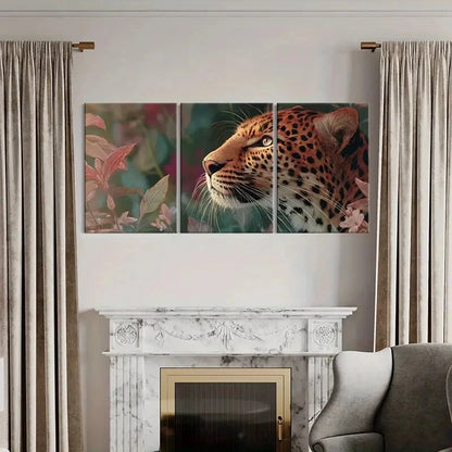3pcs Artistic Leopard Portrait Floral Surroundings Metal Print Ready to Hang Art