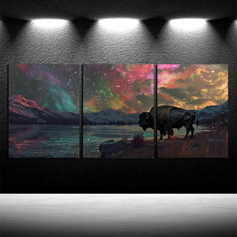 3pcs Vibrant Bull near Lake Illustration Metal Print Ready to Hang Art