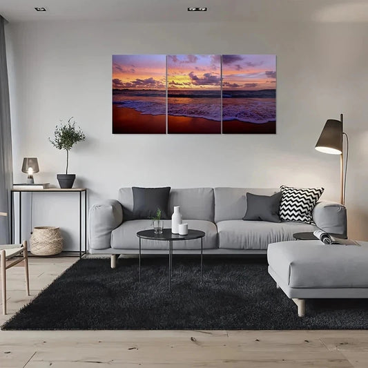3pcs Sunset Beach Scene Ocean Waves & Sky Metal Print Ready to Hang Art