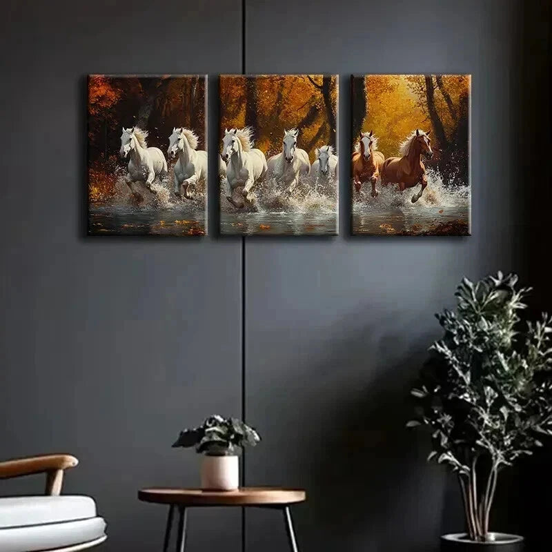 3pcs Majestic Running White & Brown Horses Wall Art Set Canvas Framed 40x60cm - High Quality Print 100% Australian Made Wall Canvas Ready to Hang