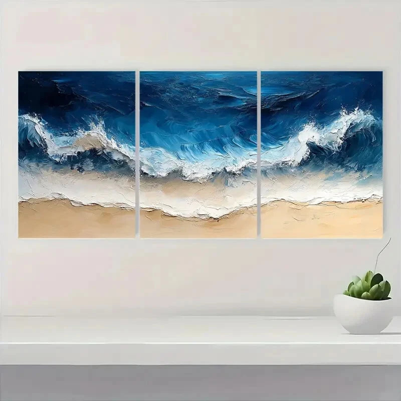 3pcs Abstract Blue Ocean Wave Beach Oil Painting Metal Print Ready to Hang Art