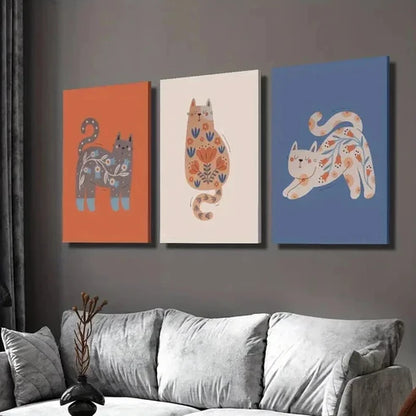 3pcs Cute Cartoon Nordic Niche Cats Wall Art Set Canvas Unframed - High Quality Print 100% Australian Made Wall Canvas