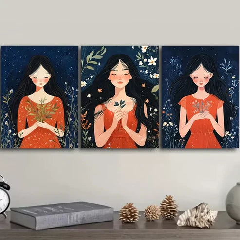 3pcs Flower Girl Prints Nature Flowers Wall Art Set Canvas Unframed - High Quality Print 100% Australian Made Wall Canvas