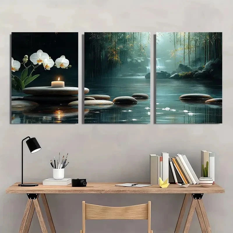 3pcs Bamboo Forest and River Water Painting Wall Art Set Canvas Framed 40x60cm - High Quality Print 100% Australian Made Wall Canvas Ready to Hang