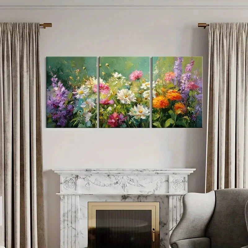 3pcs Vibrant Floral Art Abstract Garden Painting Metal Print Ready to Hang Art