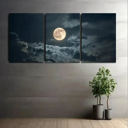 3pcs Full Moon with Clouds Drifting Painting Metal Print Ready to Hang Art