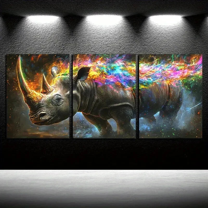 3pcs Modern Vibrant Rhinoceros Design Metal Print Ready to Hang Art
