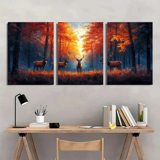 3pcs Rustic Deer Autumn Forest Landscape Wall Art Set Canvas Framed 40x60cm - High Quality Print 100% Australian Made Wall Canvas Ready to Hang
