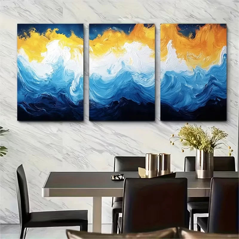 3pcs Abstract Blue Yellow White Metal Print Ready to Hang Art