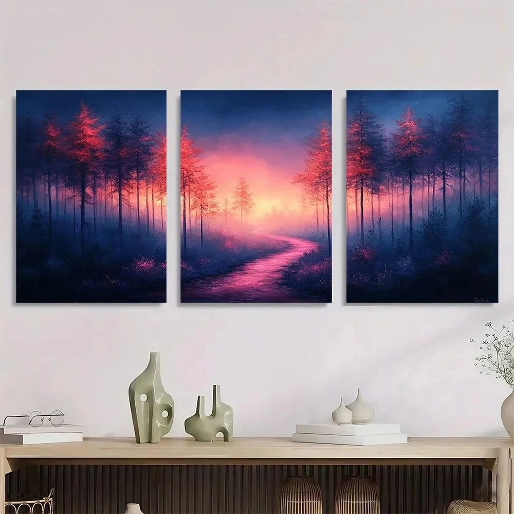 3pcs Modern Abstract Forest Pink Pathway Metal Print Ready to Hang Art