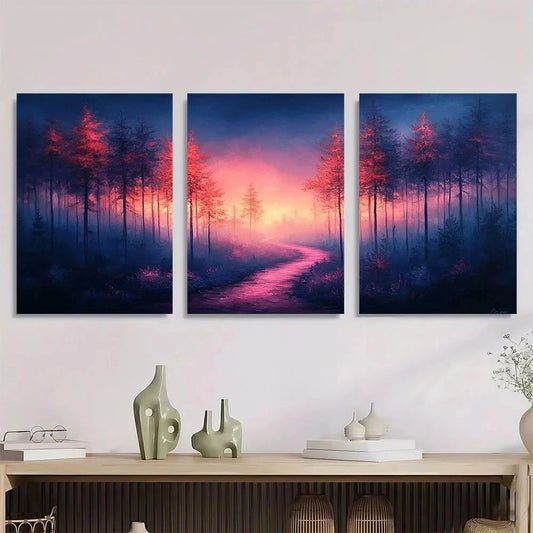 3pcs Modern Abstract Forest Pink Pathway Metal Print Ready to Hang Art