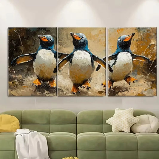 3pcs Penguin Oil Painting Polar Animals Metal Print Ready to Hang Art