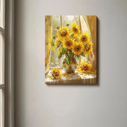 Canvas print of sunflowers on a table with a vase, hanging on a wall.