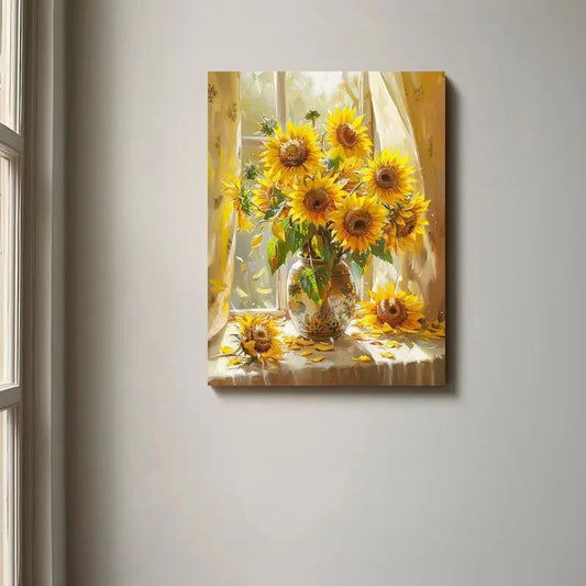 Canvas print of sunflowers on a table with a vase, hanging on a wall.