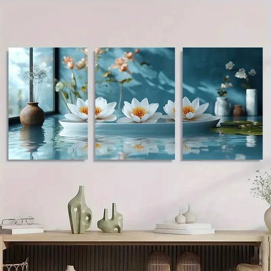3pcs Serene Aquamarine Water Lilies Metal Print Ready to Hang Art