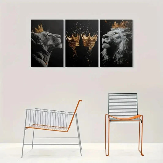 3pcs Modern Black & Golden Lion Crown Accent Metal Print Ready to Hang Art