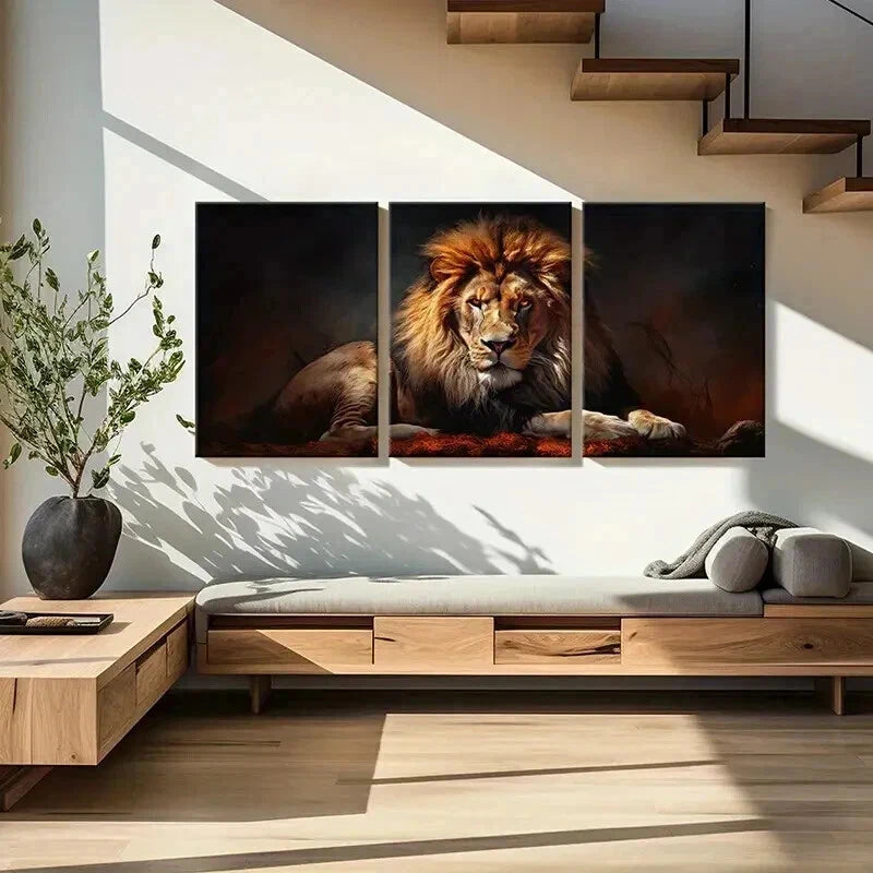 3pcs Lion Vintage Animal Aesthetic Painting Wall Art Set Canvas Framed 40x60cm - High Quality Print 100% Australian Made Wall Canvas Ready to Hang