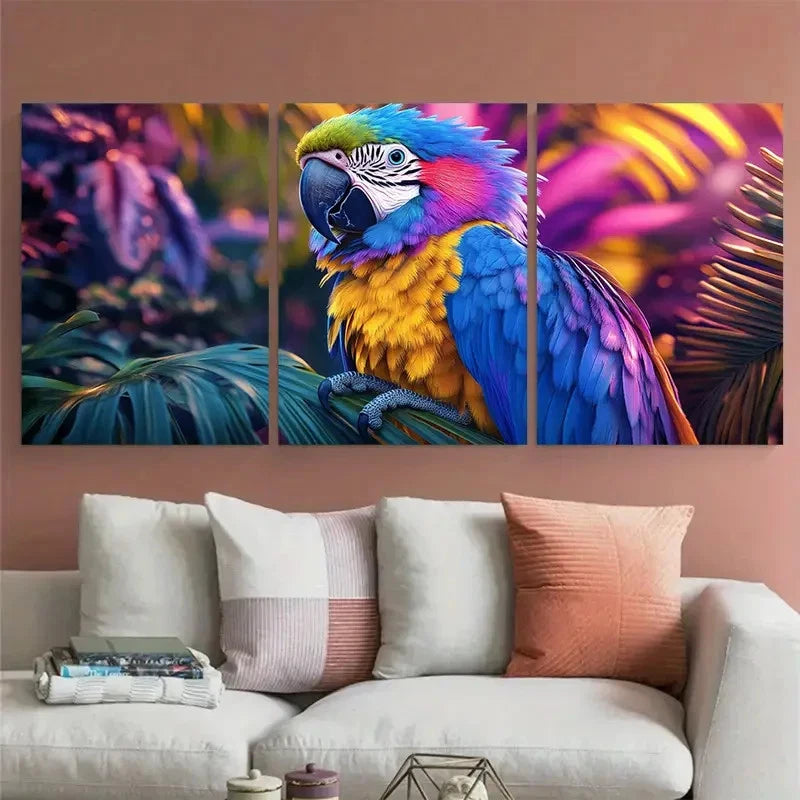 3pcs Colorful Parrot Blue Yellow Feathers Nature Wall Art Set Canvas Framed 40x60cm - High Quality Print 100% Australian Made Wall Canvas Ready to Hang