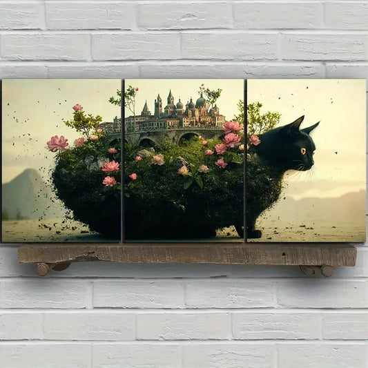 3pcs Landscape and Cats Colourful Flowers Metal Print Ready to Hang Art