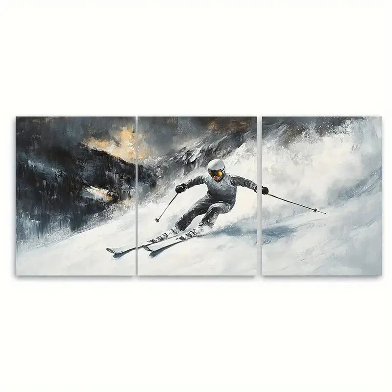 3pcs Skiing Sport Gift Skier on Snowy Mountain Wall Art Set Canvas Framed 50x70cm - High Quality Print 100% Australian Made Wall Canvas Ready to Hang