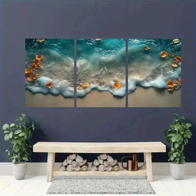 3pcs Beach Waves Ocean Sand Design Metal Print Ready to Hang Art