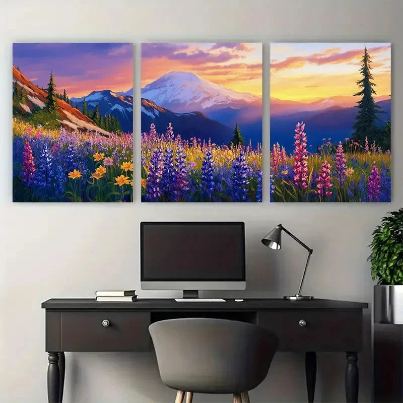 3pcs Mount Rainier Wildflower Mountain Sunset Wall Art Set Canvas Framed 40x60cm - High Quality Print 100% Australian Made Wall Canvas Ready to Hang