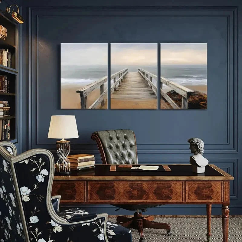 3pcs Wooden Dock Ocean Waves Coastal Landscape Metal Print Ready to Hang Art