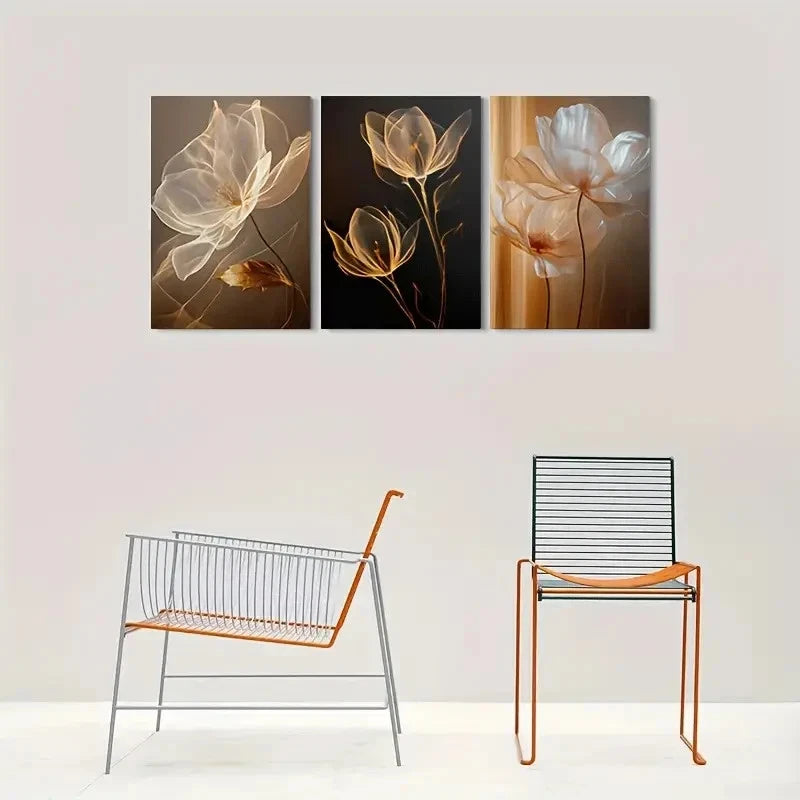 3pcs Modern Abstract Floral Stunning Golden Themed Metal Print Ready to Hang Art