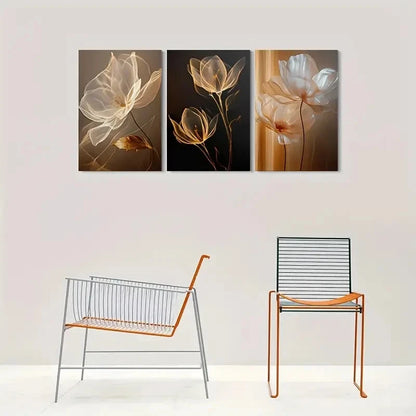 3pcs Modern Abstract Floral Stunning Golden Themed Metal Print Ready to Hang Art