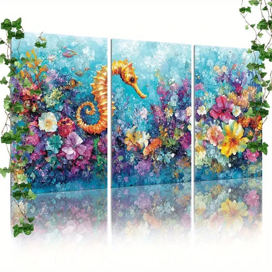 3pcs Seahorse in Ocean Triptych Canvas Framed 40x60cm - High Quality Print 100% Australian Made Wall Canvas Ready to Hang