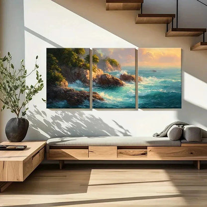 3pcs Ocean Waves Crashing on Rocky Shore Metal Print Ready to Hang Art