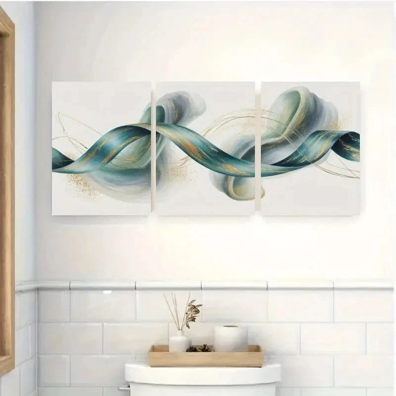 3pcs Teal Ribbon, Golden Accents Wall Art Set Canvas Framed 60x90cm - High Quality Print 100% Australian Made Wall Canvas Ready to Hang