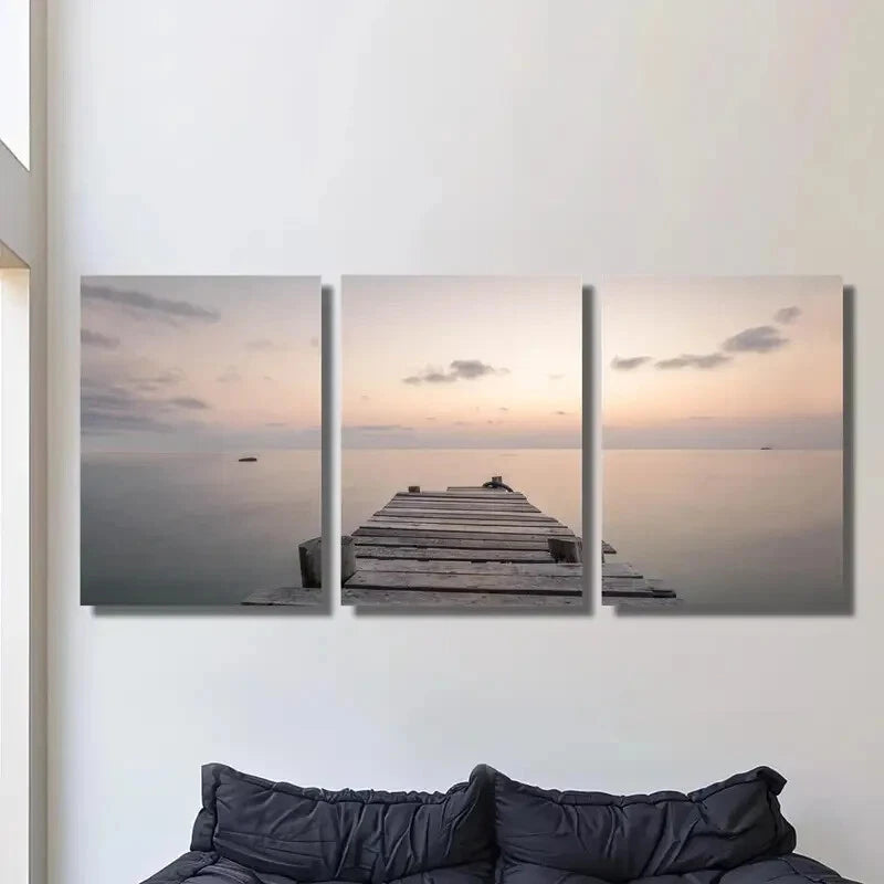 3pcs Serene Sunset Lake Scene with Pier Metal Print Ready to Hang Art