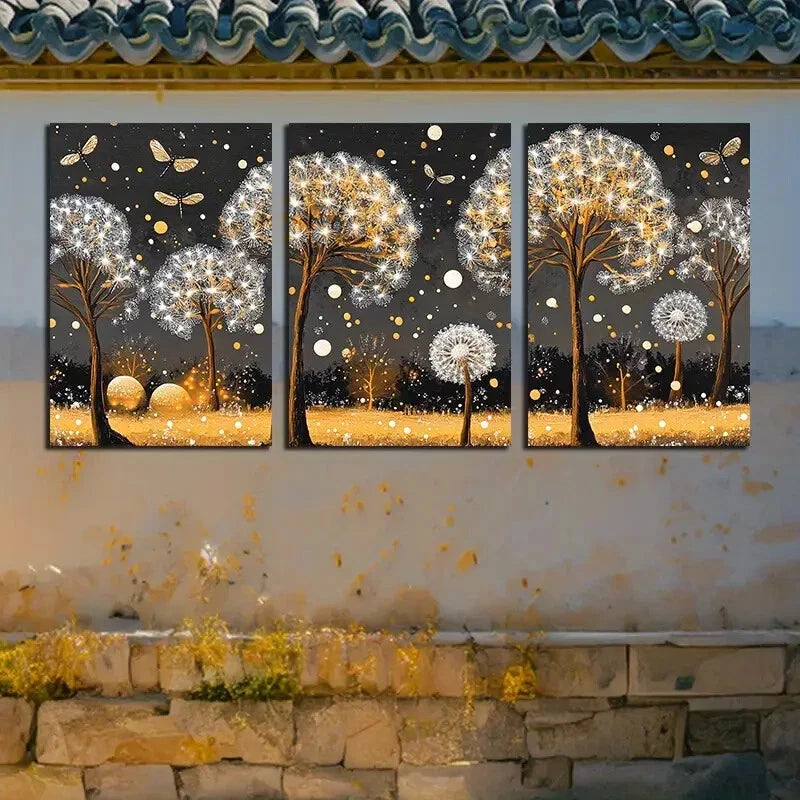 3pcs Modern Abstract Dandelion Floral Illustration Metal Print Ready to Hang Art