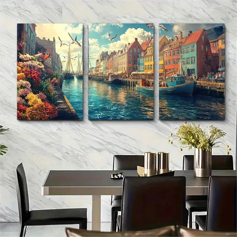 3pcs Scenic Landscape with Colorful Buildings Metal Print Ready to Hang Art